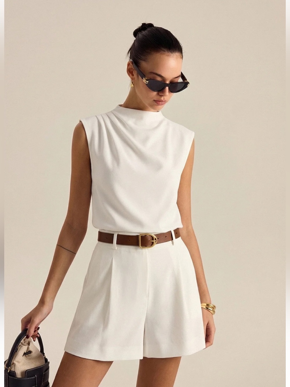 NWT Commense Draped Sleeveless Top & Belted Shorts Set